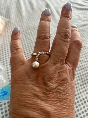 Delicate Silver Chain Drop Ring with Polished Ball